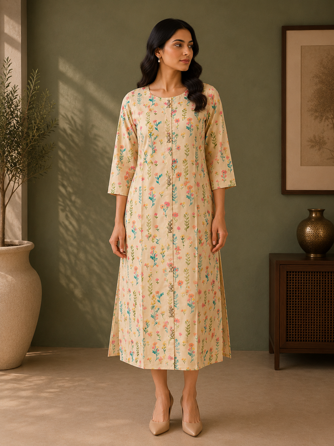 Cream Muslin Silk Floral Printed A-Line Dress for Women